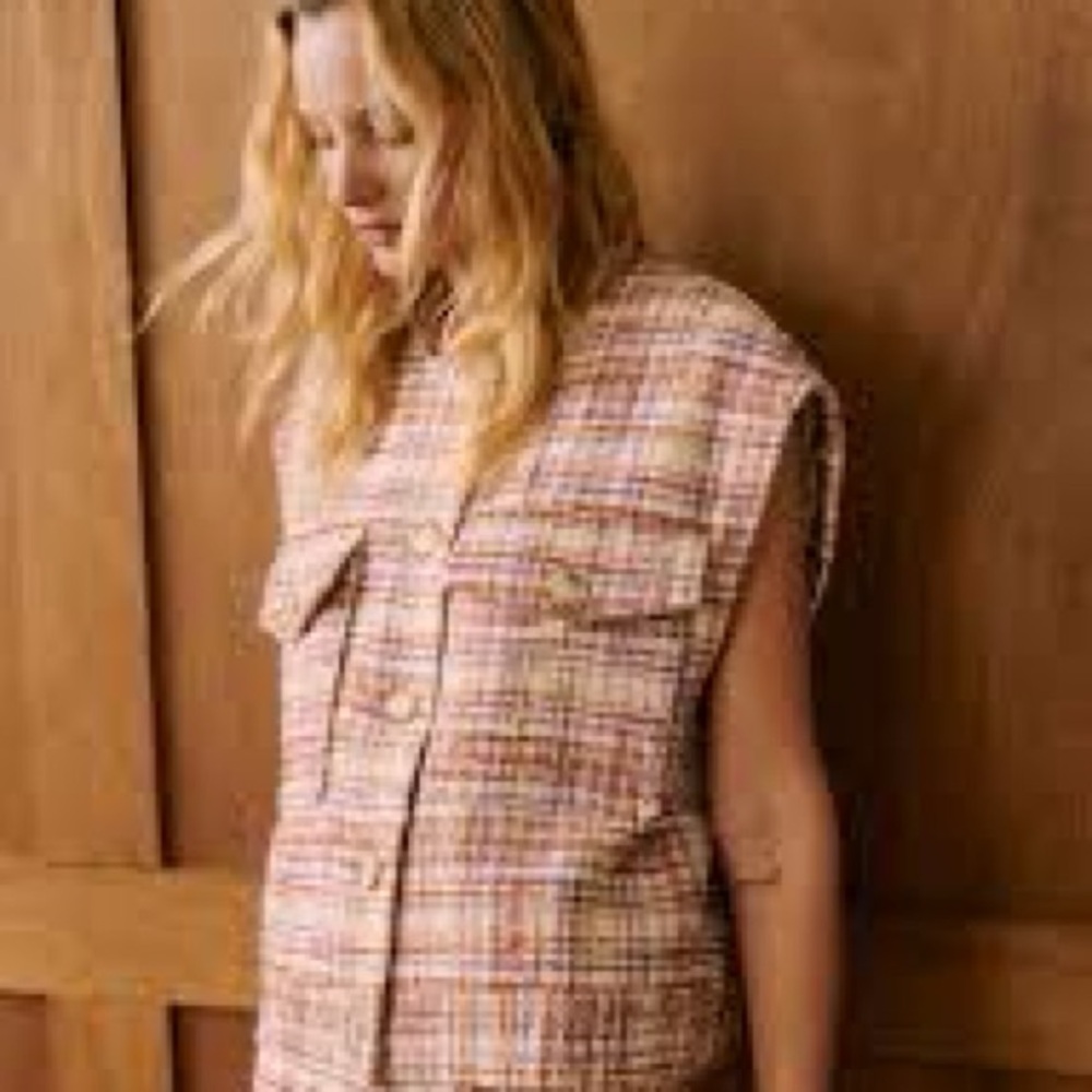 Sezane Ervin Sleeveless Vest cream/brown/ purple plaid size 38